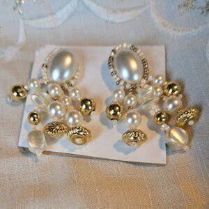 Gold-Tinted and Faux Pearl Dangle Stud Vintage Earrings - Very Good Condition